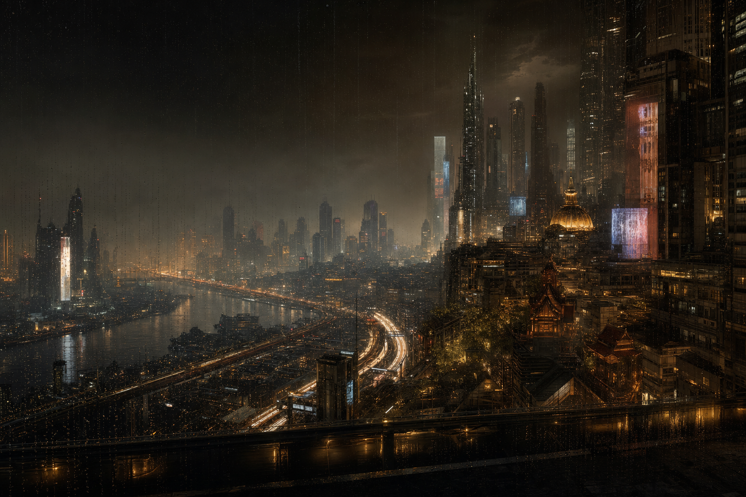 Near-future Singapore and Bangkok fused into a neon cyber-noir megacity.