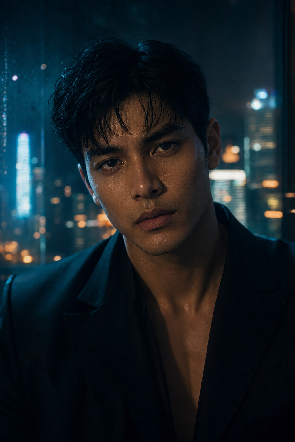 Kit, restrained and dangerous, in a dark cyberpunk penthouse with neon city lights behind him.