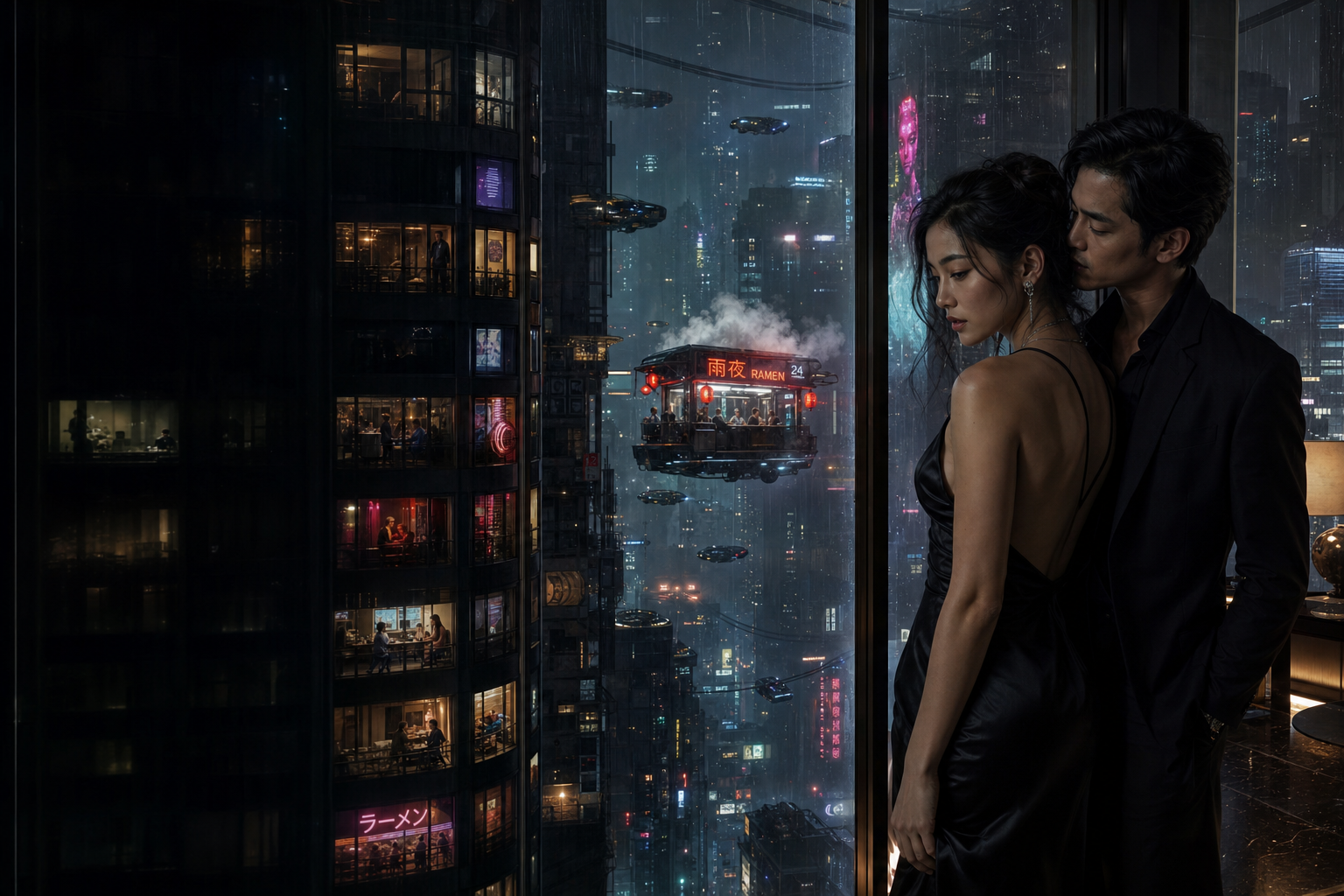 May and Kit in a Blade Runner-like near-future city, locked in romantic tension.