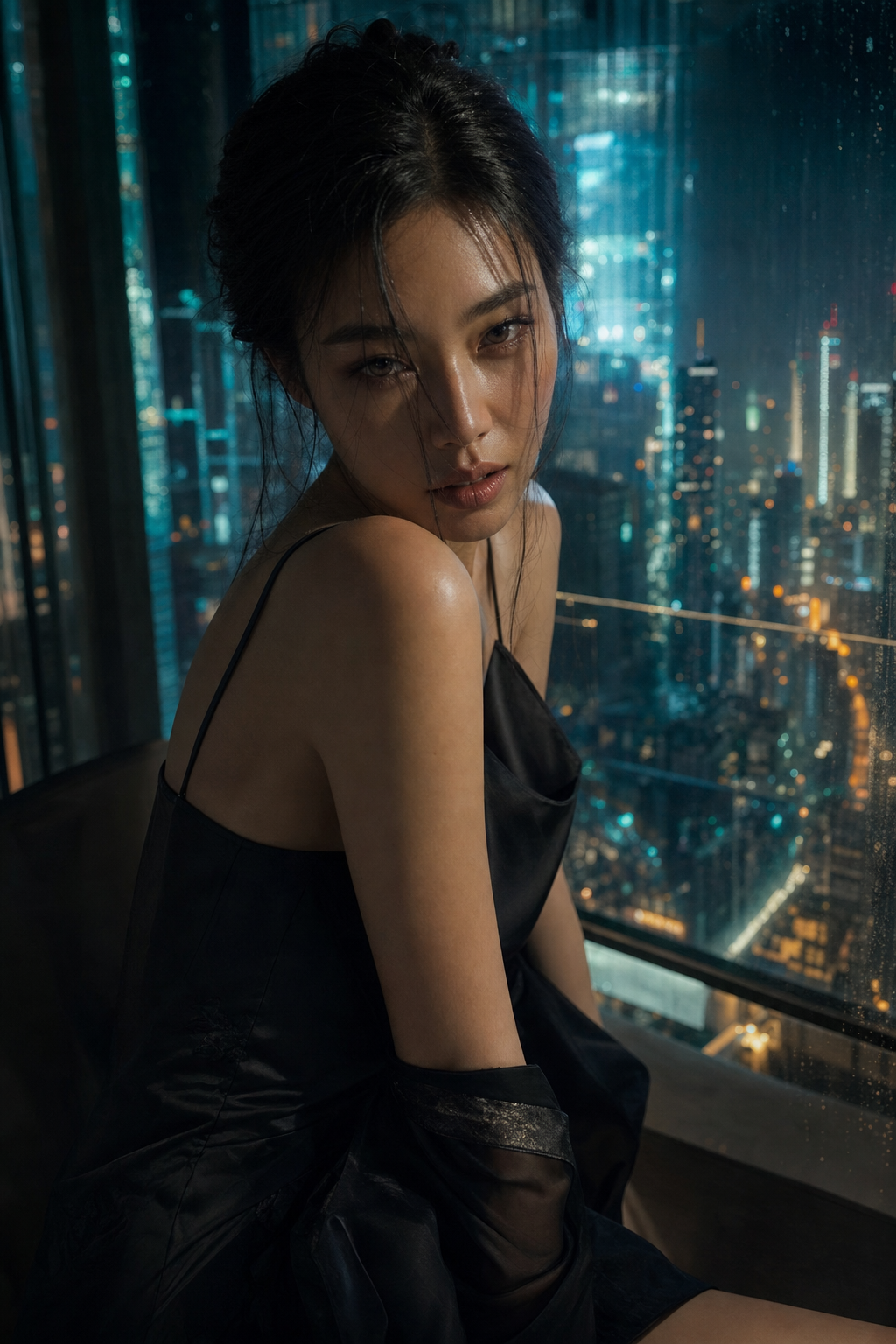 May Tan, a guarded heiress in a rain-streaked neon cyberpunk city.