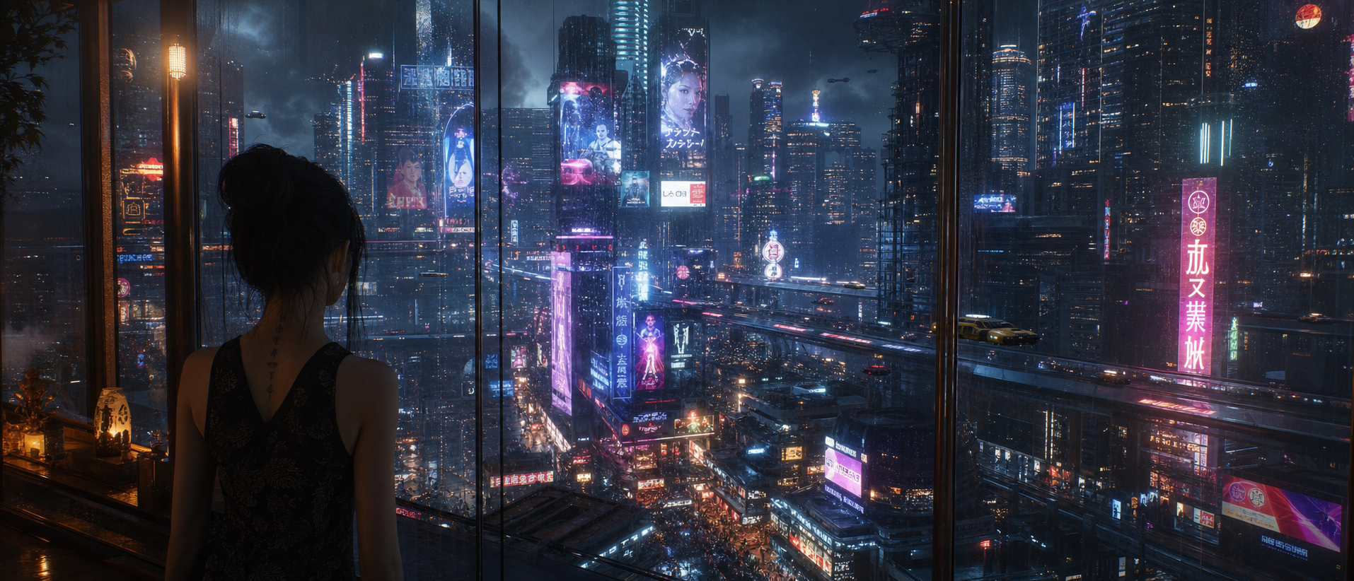 May overlooking a neon megacity through rain-streaked glass as memory infrastructure spreads below.